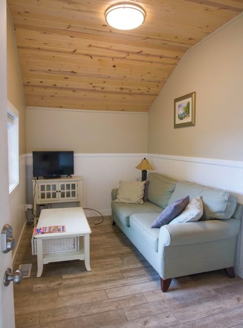 Cozy living room with knotty pine ceiling, gray sofa with pillows, small TV on cabinet, white side table, and hardwood flooring