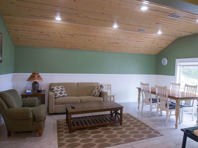 Modern living room with green walls, wood ceiling, beige sofa, armchair, wooden coffee table, and dining area with chairs visible in background