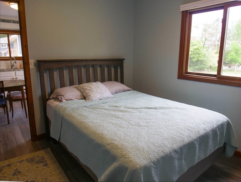 A bedroom with a wooden bed frame, light blue bedding, and two decorative pillows near a window with green outdoor view