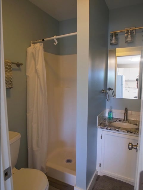 Modern bathroom with white toilet, shower with beige curtain, white vanity sink, and mirror with blue-gray painted walls