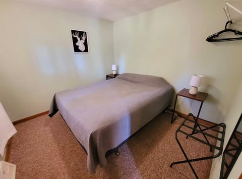Minimalist bedroom with a gray bed, small nightstand, wall art, and brown carpet flooring