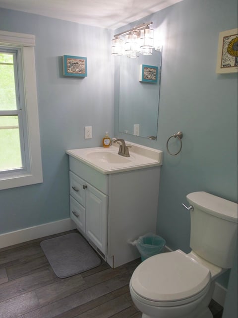 Light blue bathroom with white vanity sink, toilet, mirror, and framed artwork on walls