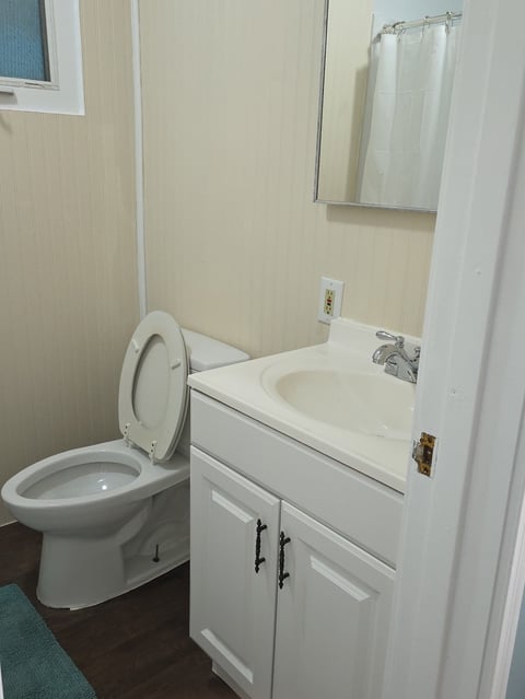 Clean bathroom interior with white toilet, sink vanity, mirror, and shower curtain