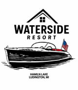 Waterside Resort logo featuring a house roof, speedboat with American flag, located on Hamlin Lake in Ludington, Michigan