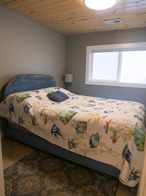 Bedroom with blue headboard bed covered in fishing-themed bedding, cream carpet, wood ceiling, and bright window