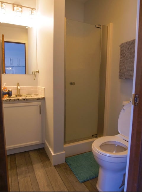 Modern bathroom interior with white toilet, glass shower door, white vanity sink, wood flooring, and green bath mat
